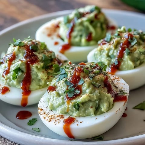 Creamy avocado deviled eggs topped with spicy Sriracha drizzle, garnished with fresh cilantro and paprika.