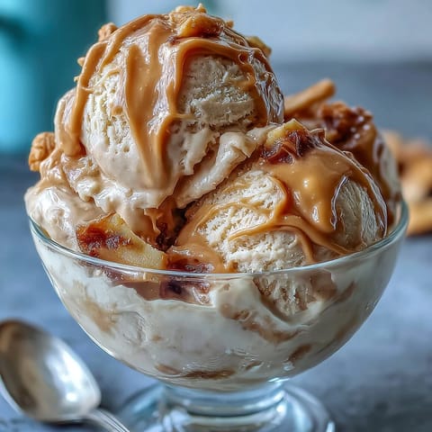 Golden swirls of 4-Ingredient Peanut Butter Banana Ice Cream ready to scoop.
