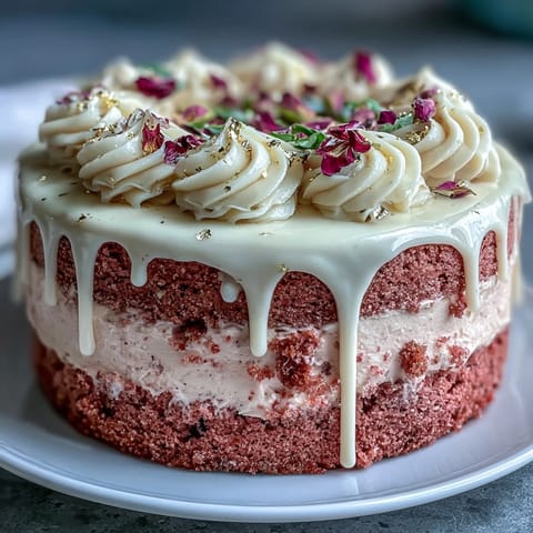 Blush pink Bridal Shower Rosé Velvet Cake features elegant gold drip.