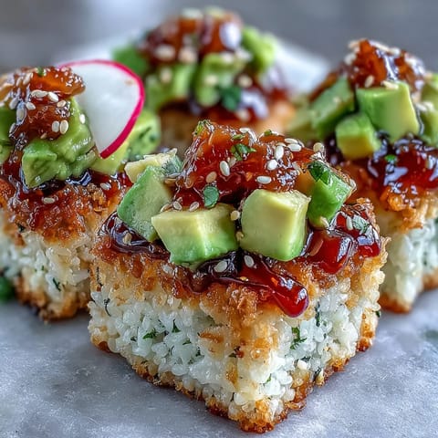 Crispy Rice Salad with Avocado and Spicy Tuna: golden squares topped with vibrant tuna and fresh greens.