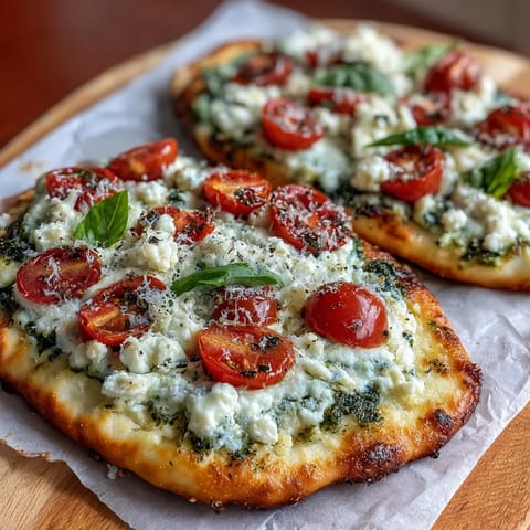 Viral cottage cheese flatbread, bright pesto, ripe tomato slices, golden crust detail.