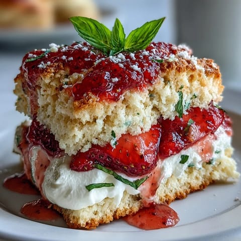 Golden Strawberry Basil Shortcake Biscuits piled high with fresh berries and cream.