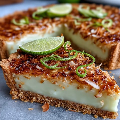 Vibrant Coconut Lime Tart creation with a flaky graham cracker crust.