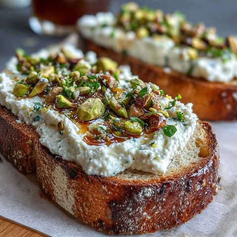 Golden-brown toast topped with airy ricotta, honey drizzle, and pistachios.