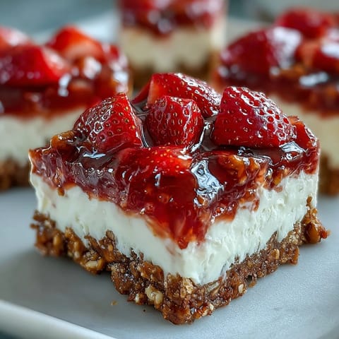 Golden Strawberry Pretzel Salad bars, a delicious layered dessert with sweet, creamy, and salty crunch.