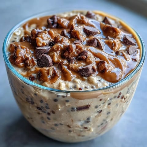 Creamy protein cookie dough overnight oats with chocolate chips, ready for breakfast.