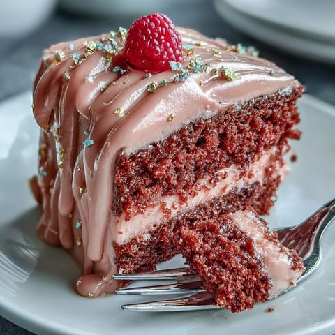 Rosé Velvet Cake drizzled with edible gold, a perfect bridal shower treat.