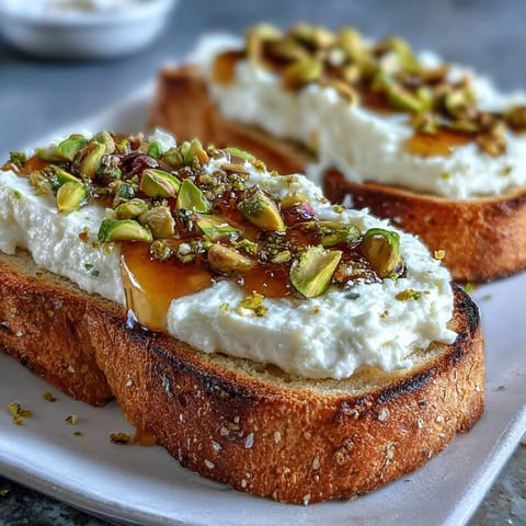 Creamy whipped ricotta toast with honey and a pistachio crunch.