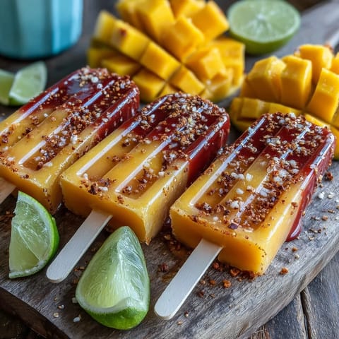 Vibrant mango chamoy popsicles with Tajin, a refreshing sweet and spicy treat.