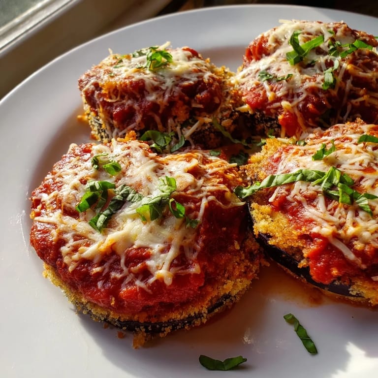 A close-up of Eggplant Parmesan showing layers of crispy eggplant with rich tomato sauce and cheese.