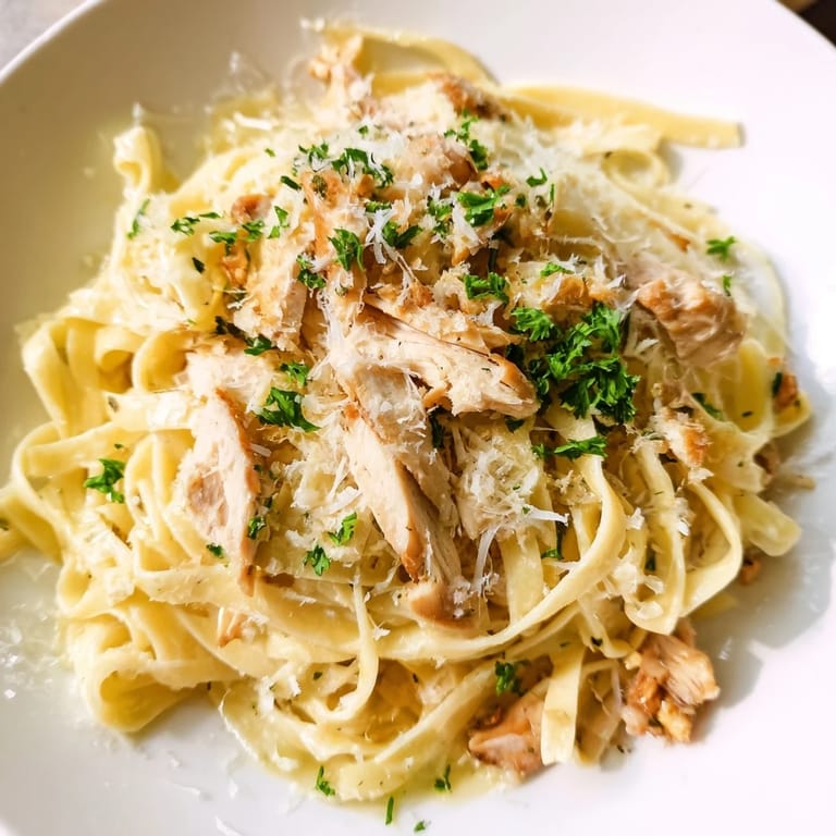 A steaming bowl of fettuccine Alfredo, rich with butter, garnished with fresh parsley.