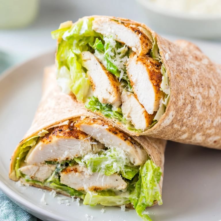 A close-up of a flavorful Chicken Caesar Wrap, overflowing with fresh ingredients and creamy Ceasar dressing.