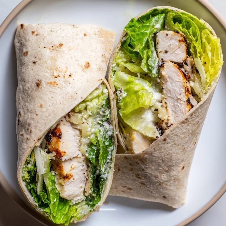 Earthy, whole wheat tortilla holds a hearty Chicken Caesar Wrap, perfect for an easy, satisfying meal.