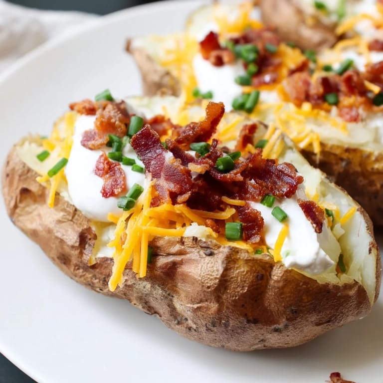 A fully loaded baked potato, a fluffy spud piled high with all the best toppings for a comforting side.