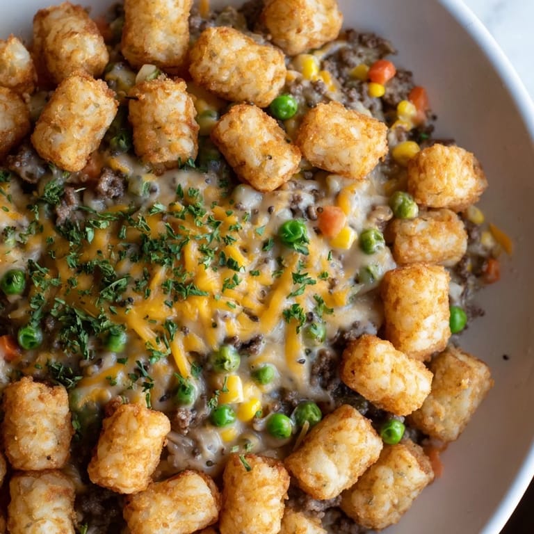 A warm, bubbling Tater Tot Casserole offers the savory aroma of seasoned beef and vegetables.