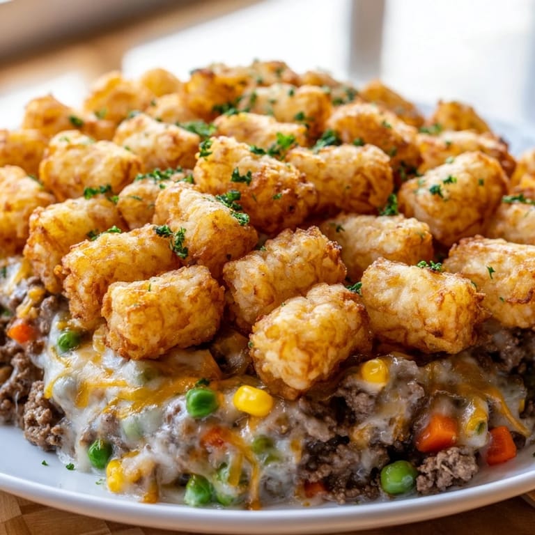 Cheesy, crispy tater tots blanket a delicious Tater Tot Casserole, perfect for a family dinner.