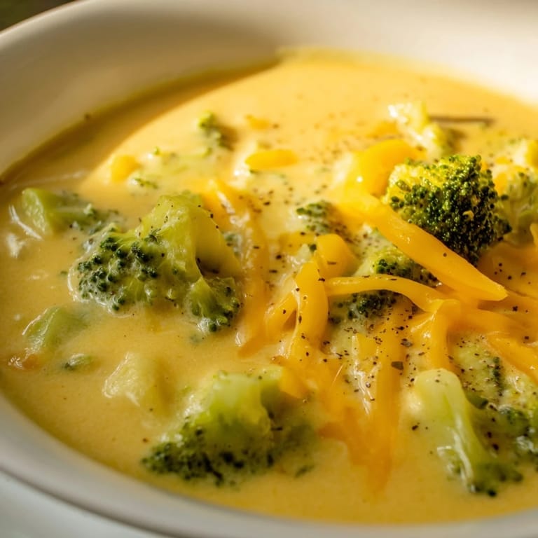 Warm and comforting bowl of creamy Broccoli Cheese Soup, perfect for a chilly evening meal.