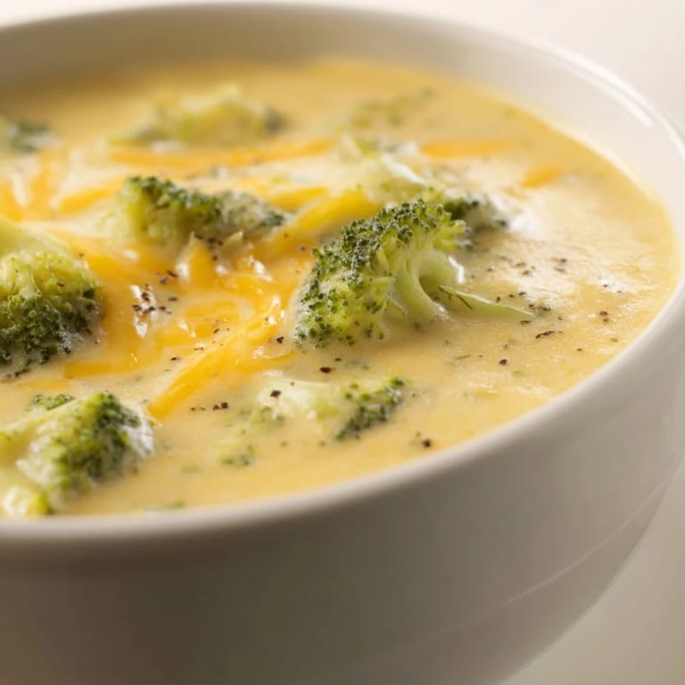 Close-up of a bubbling pot of homemade Broccoli Cheese Soup, smelling of fresh cheddar cheese.