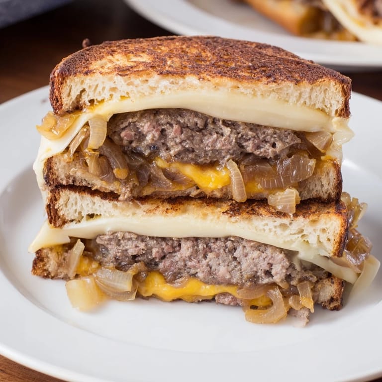 Crispy rye bread sandwiching a juicy Patty Melt, featuring perfectly cooked beef and delicious onions.