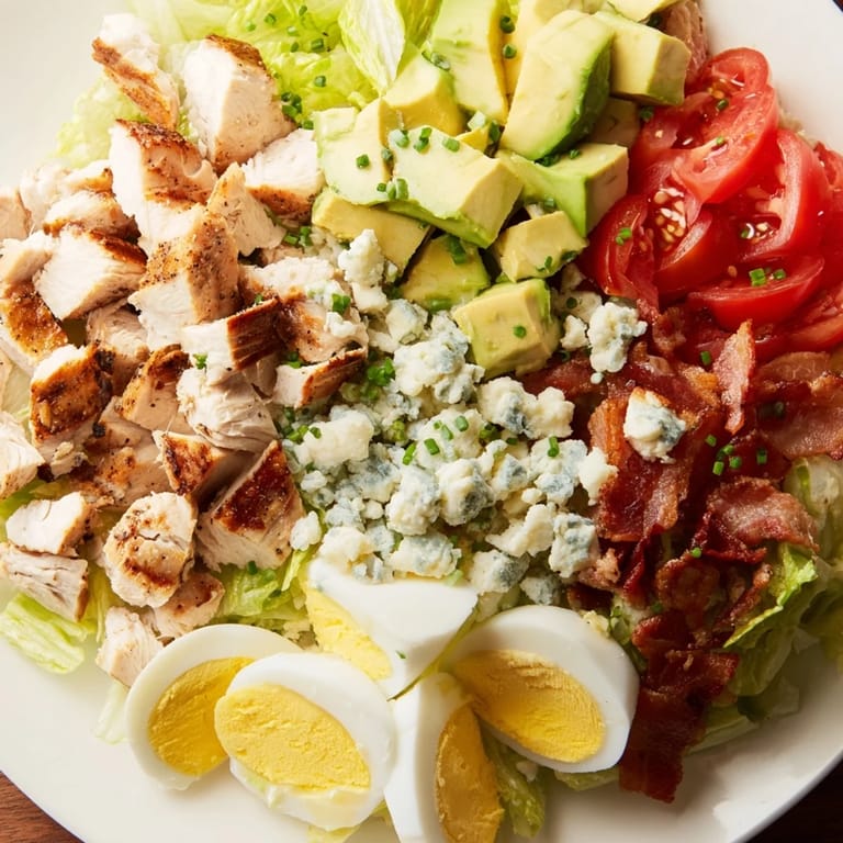 Fresh Cobb salad topped with crumbled blue cheese, ripe tomatoes, and crispy bacon, delicious!