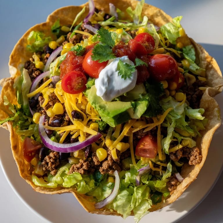 A close-up of a fully loaded taco salad, featuring seasoned beef and fresh, vibrant toppings.