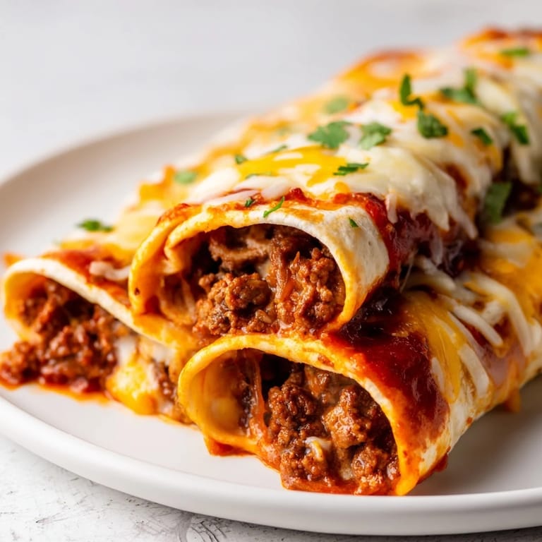 A baking dish brimming with homemade Beef Enchiladas, covered in melted cheese and rich red sauce.