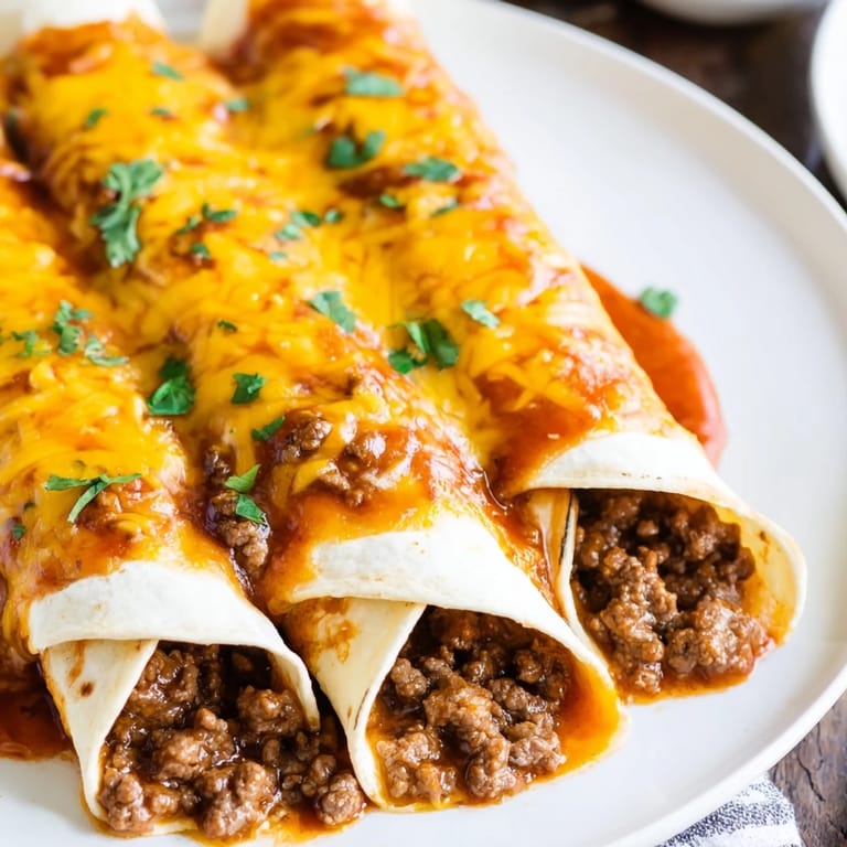 Savory and cheesy, these delicious Beef Enchiladas are filled with seasoned ground beef and rolled tortillas.