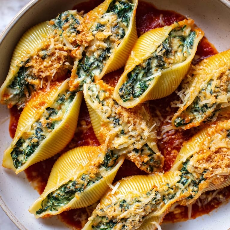 Golden-brown baked stuffed shells, filled with ricotta and spinach, ready to be enjoyed as a main course.