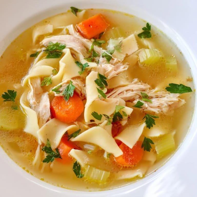 A close-up shot of homemade Chicken Noodle Soup, highlighting the golden egg noodles and savory broth's aroma.