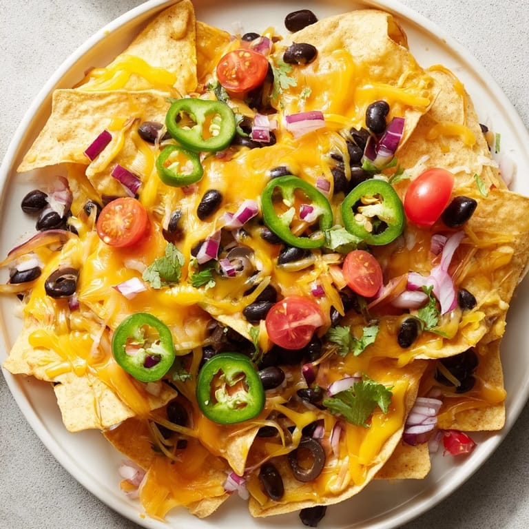 Delicious, vegetarian nachos with black beans, fresh toppings, and warm, melty cheese.