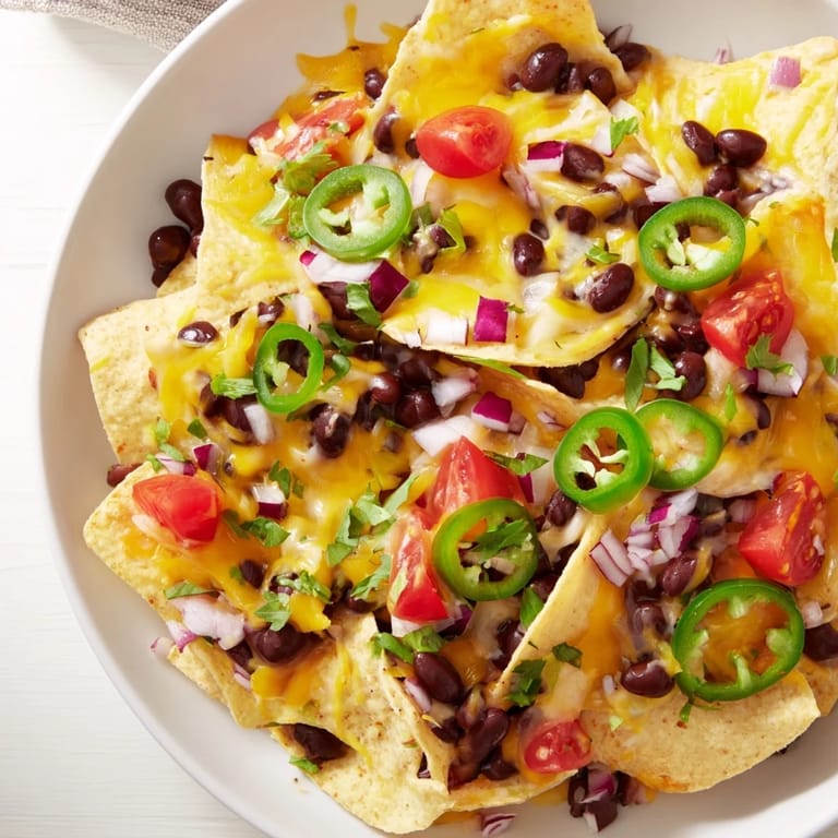 A generous platter of loaded nachos, featuring melted cheese and colorful toppings, ready to eat.