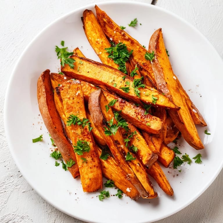 Oven-baked sweet potato fries, with a sprinkle of parsley, perfect for a gluten-free snack.