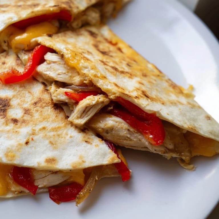 A close-up of a perfectly cooked Chicken Quesadilla, filled with melted cheese and tender chicken.