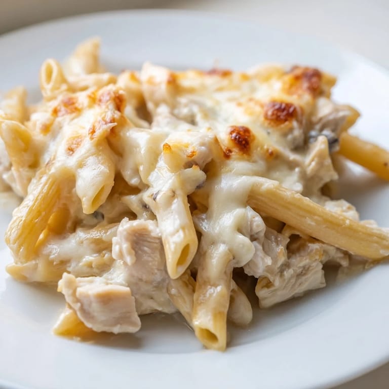 Freshly baked Chicken Ranch Pasta Bake with golden cheese crust, served hot from the oven for a family dinner.