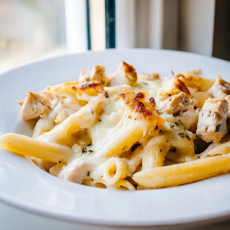 A close-up of creamy Chicken Ranch Pasta Bake with tender chicken and penne pasta in a rich ranch sauce.  