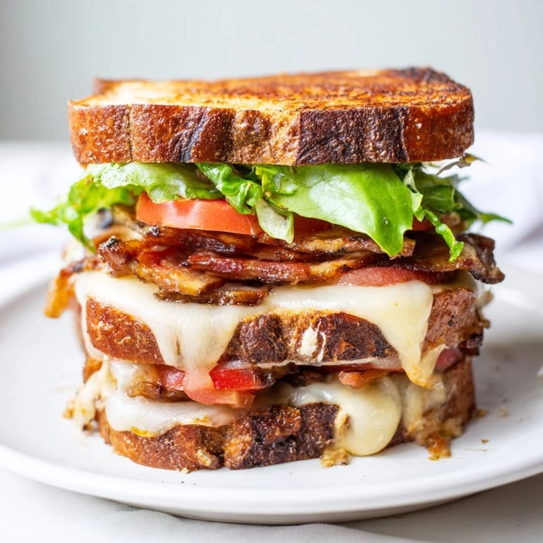 A close-up of a Vegan Bacon BLT Grilled Cheese sandwich, stacked with smoky tempeh bacon, juicy tomato, and crisp lettuce leaves.  