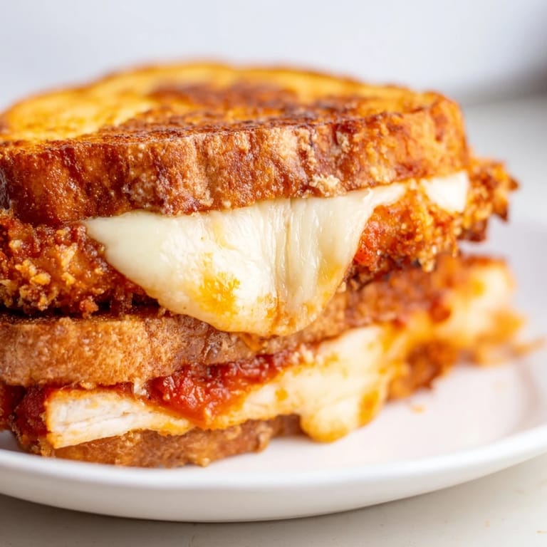 Mouthwatering chicken parm grilled cheese sandwich with crunchy panko chicken, zesty tomato sauce, and gooey mozzarella on crusty bread.