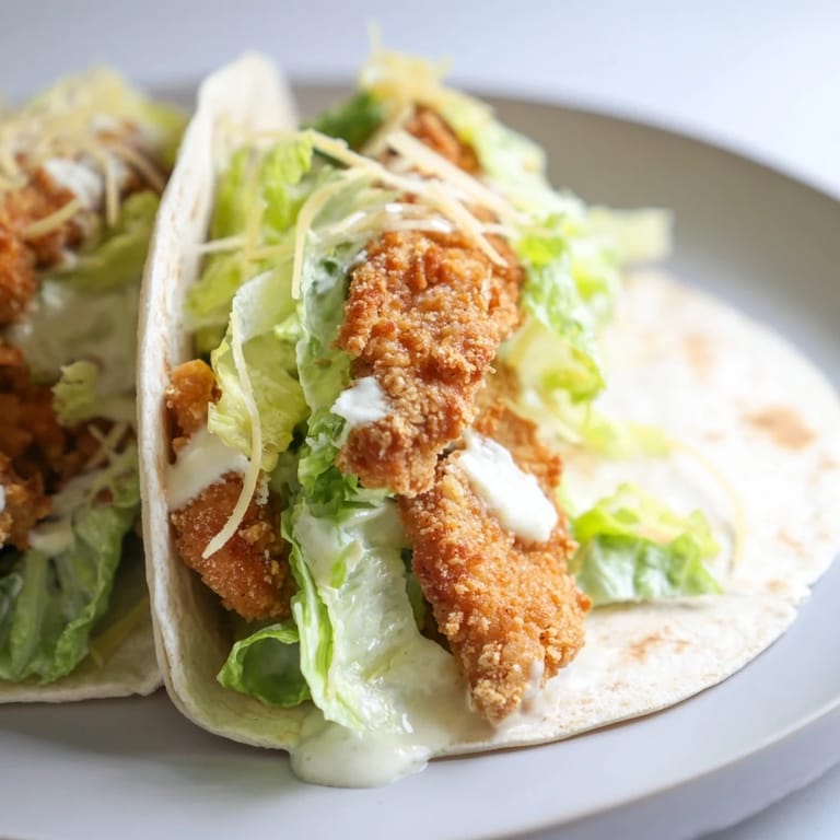 Crispy chicken Caesar wrap on a white plate, showing fresh romaine, Parmesan, and Caesar drizzle, served with lemon wedges and a napkin on a wooden table.
