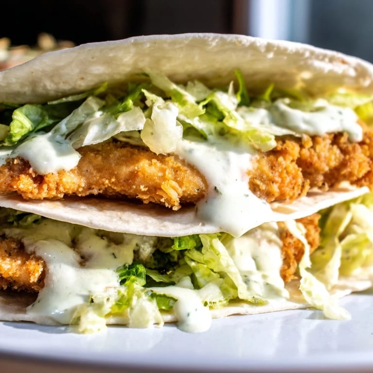 Homemade crispy chicken Caesar wrap sliced in half to reveal layers of tender chicken, romaine, and Parmesan, with creamy dressing drizzled over the top.
