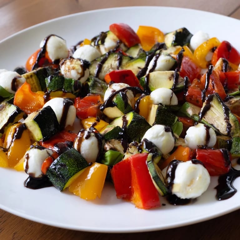 Close-up shot of a warm Roasted Veggie Caprese Salad featuring caramelized vegetables and glistening balsamic drizzle, highlighting the textures and colors of this Italian-inspired meal.
