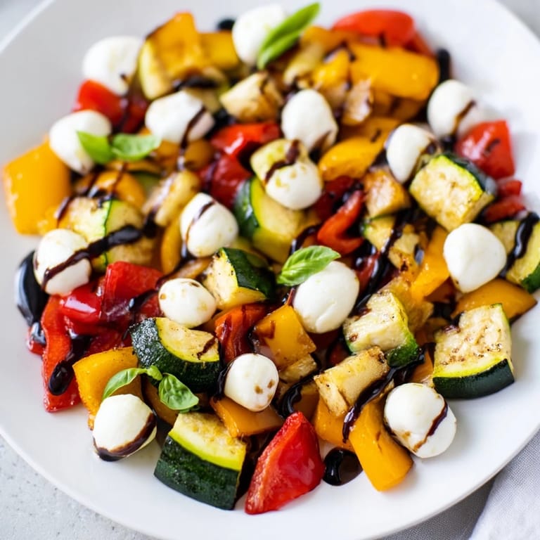 Platter of vibrant roasted vegetable Caprese salad with juicy cherry tomatoes and mozzarella pearls, garnished generously with fresh basil leaves, ready to be served as a healthy side dish.