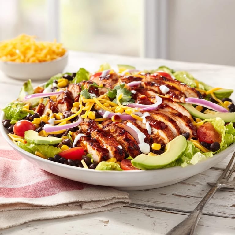 Savory BBQ Chicken Salad served with avocado, cheddar, and lime cilantro ranch, ready for summer dinner.