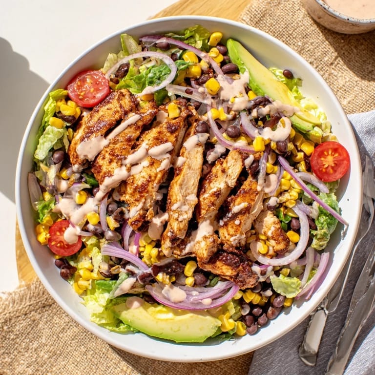 A hearty BBQ Chicken Salad with juicy chicken, smoky corn, and fresh tomatoes in a large bowl.