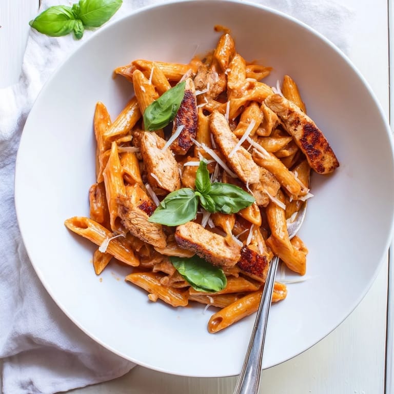 Hearty Spicy Tomato Chicken Pasta served in a rustic skillet, showing golden chicken strips nestled among al dente penne and a zesty, simmering tomato sauce.
