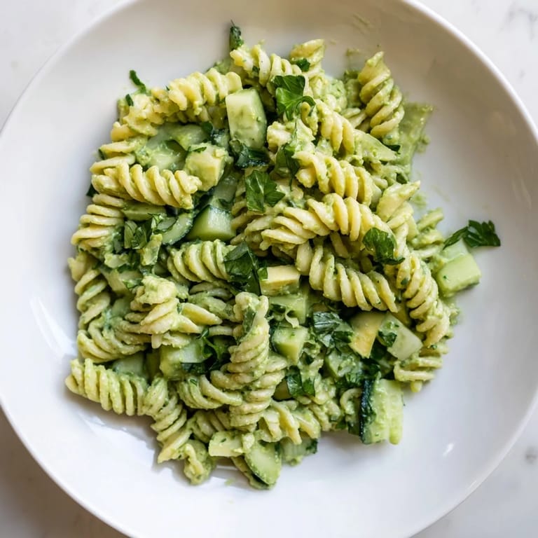 Green Goddess Pasta Salad tossed in a creamy avocado dressing, featuring al dente pasta, spinach, and herbs for a refreshing side.
