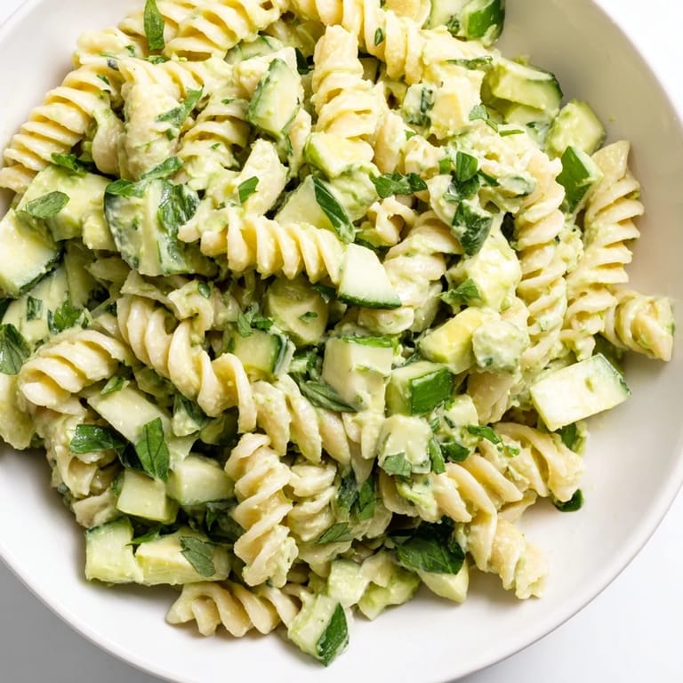 Bright Green Goddess Pasta Salad served in a white bowl, garnished with fresh basil and parsley, perfect for summer picnics.