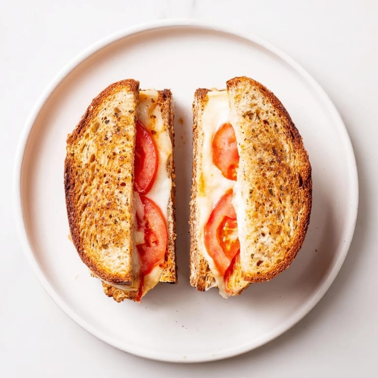 Two halves of a Pepper Jack & Tomato Grilled Cheese rest on a plate, showcasing oozing cheese and ripe tomato layers inside.