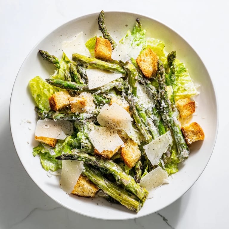 A vibrant Roasted Asparagus Caesar Salad with tender greens, savory Parmesan shavings, and crispy bread cubes for a fresh, healthy lunch.