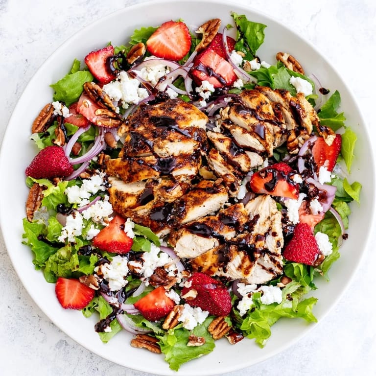 Summer lunch platter: juicy grilled chicken salad with strawberries, feta, and tangy balsamic dressing.