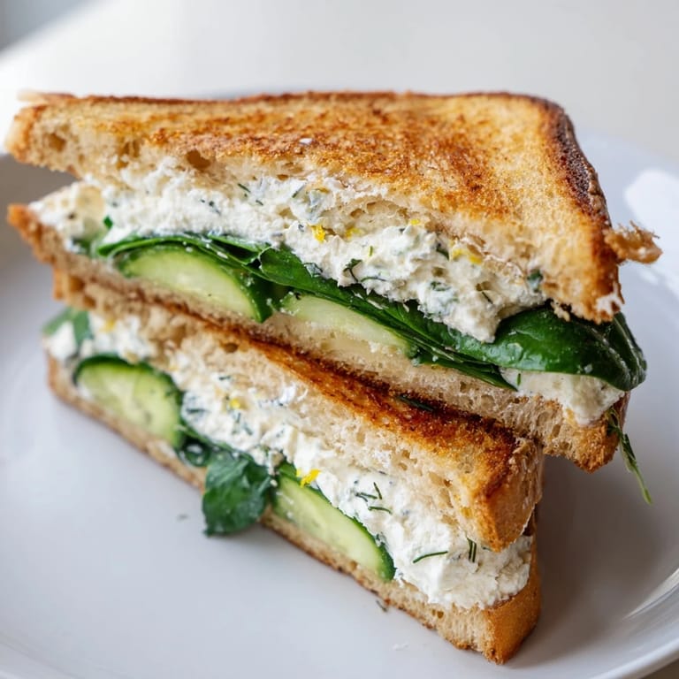 Golden Whipped Feta Spring Grilled Cheese sandwich on sourdough, layered with dill and fresh spinach.